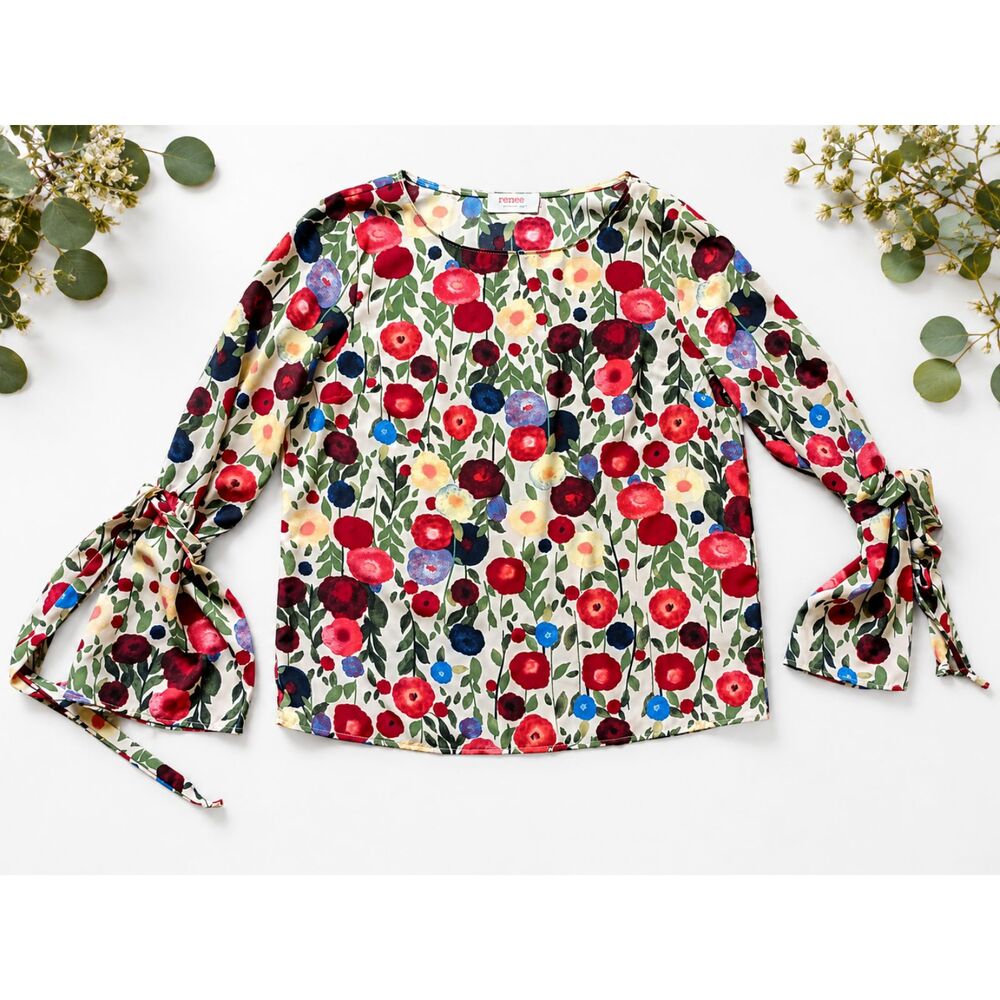 Renee C Floral Bell Sleeve Blouse Women's Large Tie Cuff Top Made in USA Boho‎